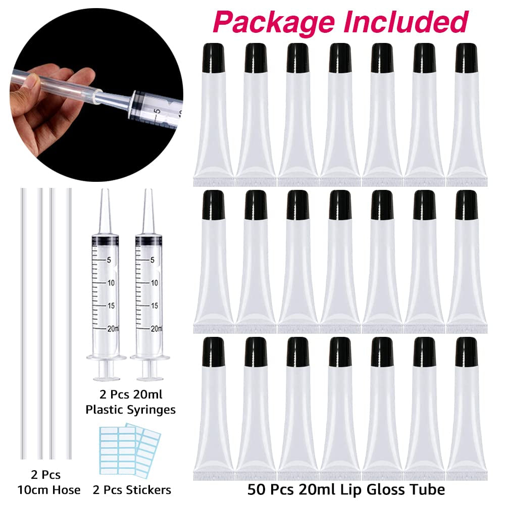 50PCS Lip Gloss Tubes 20Ml Black Cap Lip Gloss Containers Empty Lip Balm Tubes Cosmetic Lipgloss Tubes + 2 X 20Ml Syringes Tag Labels for DIY Lip Gloss Base Glitter