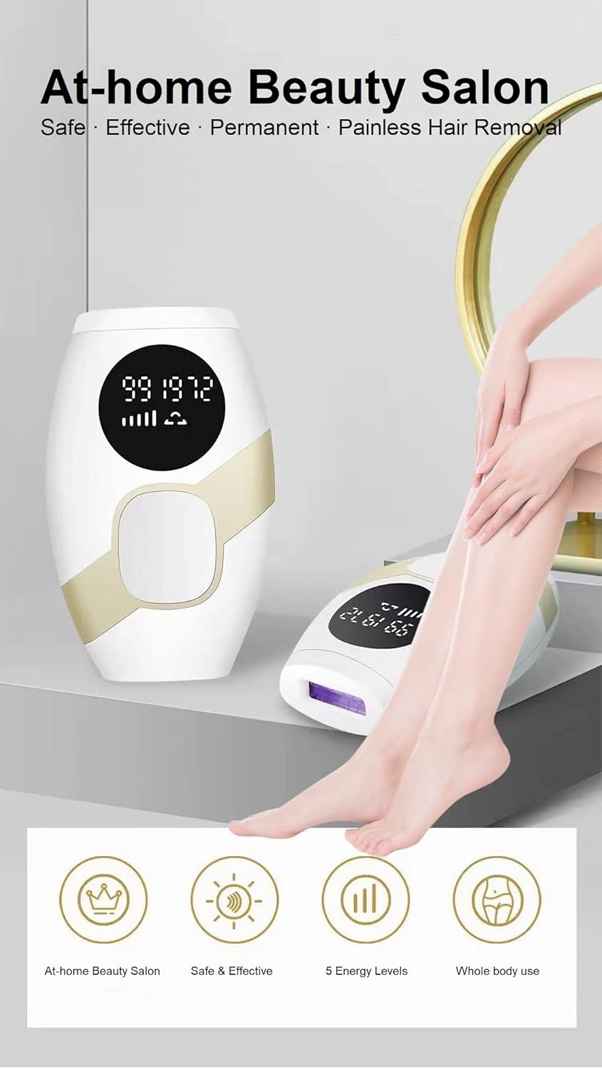 Painless IPL Laser Hair Removal Device for Men & Women — Permanent Hair Reduction for Face, Bikini Line, Armpits, Legs, and Full Body